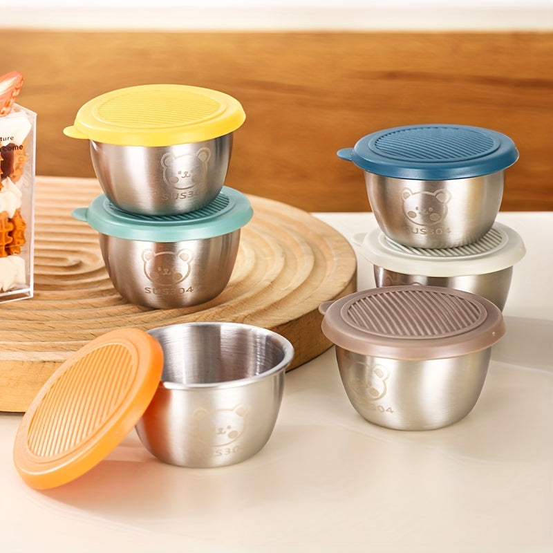 BumeZent 12/6/3pcs, Silvery 304 Stainless Steel Sauce Cup with Lid, Reusable Sauce Container with Leak Proof Plastic Lid, Seasoning Cup for Salad Dressing Container, Barbecue Sauce Seasoning Plate Set, Cheese Sauce Cup, Creative Tomato Sauce Cup