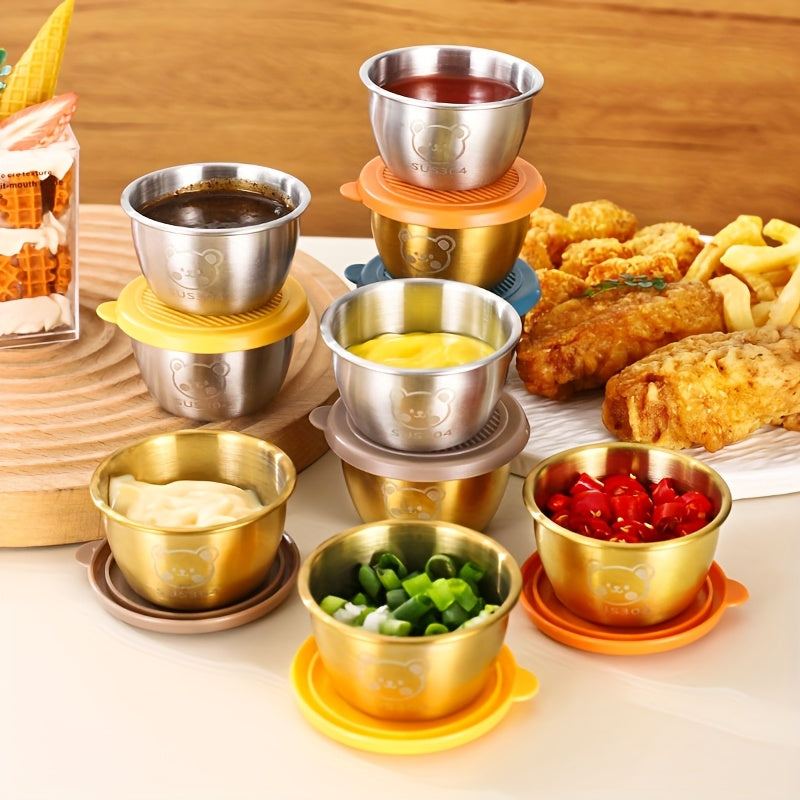 BumeZent 12/6/3pcs, Silvery 304 Stainless Steel Sauce Cup with Lid, Reusable Sauce Container with Leak Proof Plastic Lid, Seasoning Cup for Salad Dressing Container, Barbecue Sauce Seasoning Plate Set, Cheese Sauce Cup, Creative Tomato Sauce Cup
