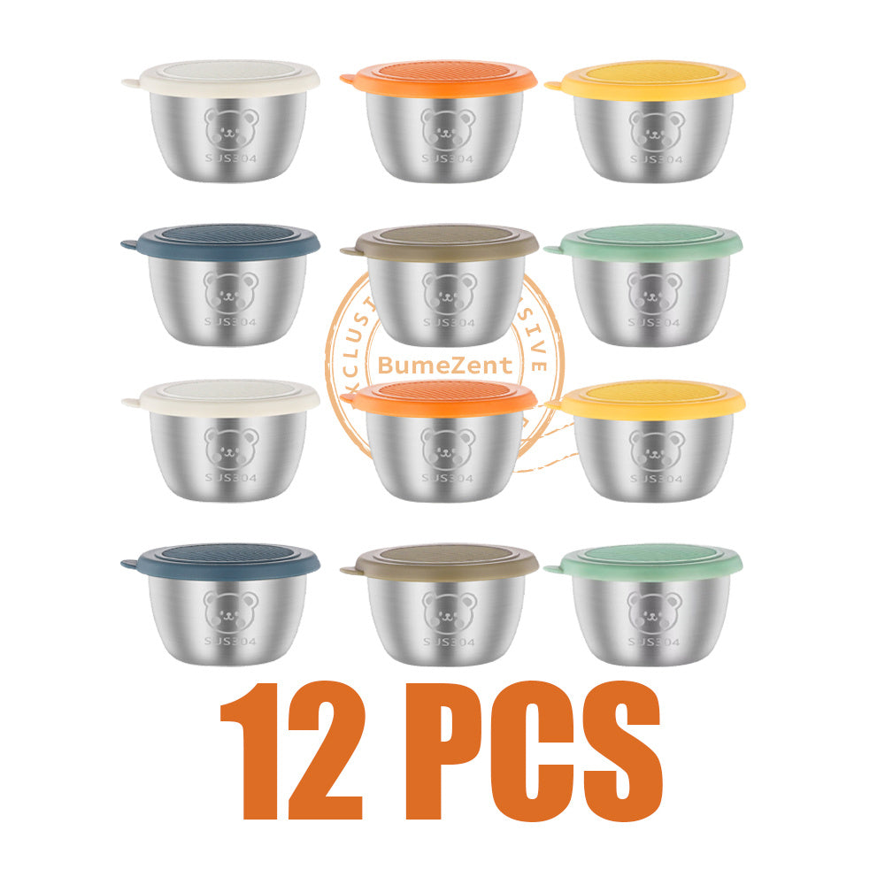 BumeZent 12/6/3pcs, Silvery 304 Stainless Steel Sauce Cup with Lid, Reusable Sauce Container with Leak Proof Plastic Lid, Seasoning Cup for Salad Dressing Container, Barbecue Sauce Seasoning Plate Set, Cheese Sauce Cup, Creative Tomato Sauce Cup