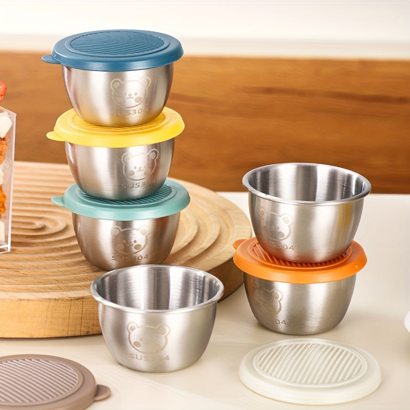 BumeZent 12/6/3pcs, Silvery 304 Stainless Steel Sauce Cup with Lid, Reusable Sauce Container with Leak Proof Plastic Lid, Seasoning Cup for Salad Dressing Container, Barbecue Sauce Seasoning Plate Set, Cheese Sauce Cup, Creative Tomato Sauce Cup