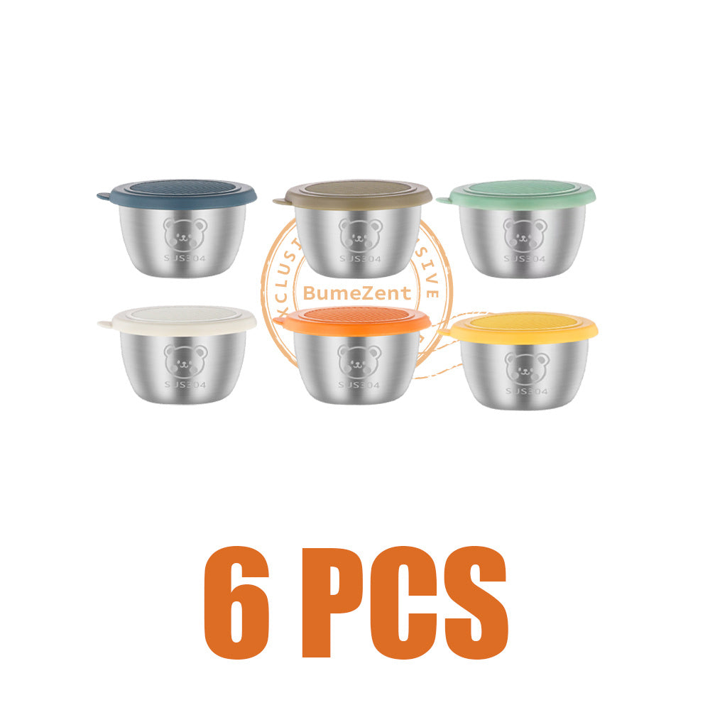 BumeZent 12/6/3pcs, Silvery 304 Stainless Steel Sauce Cup with Lid, Reusable Sauce Container with Leak Proof Plastic Lid, Seasoning Cup for Salad Dressing Container, Barbecue Sauce Seasoning Plate Set, Cheese Sauce Cup, Creative Tomato Sauce Cup