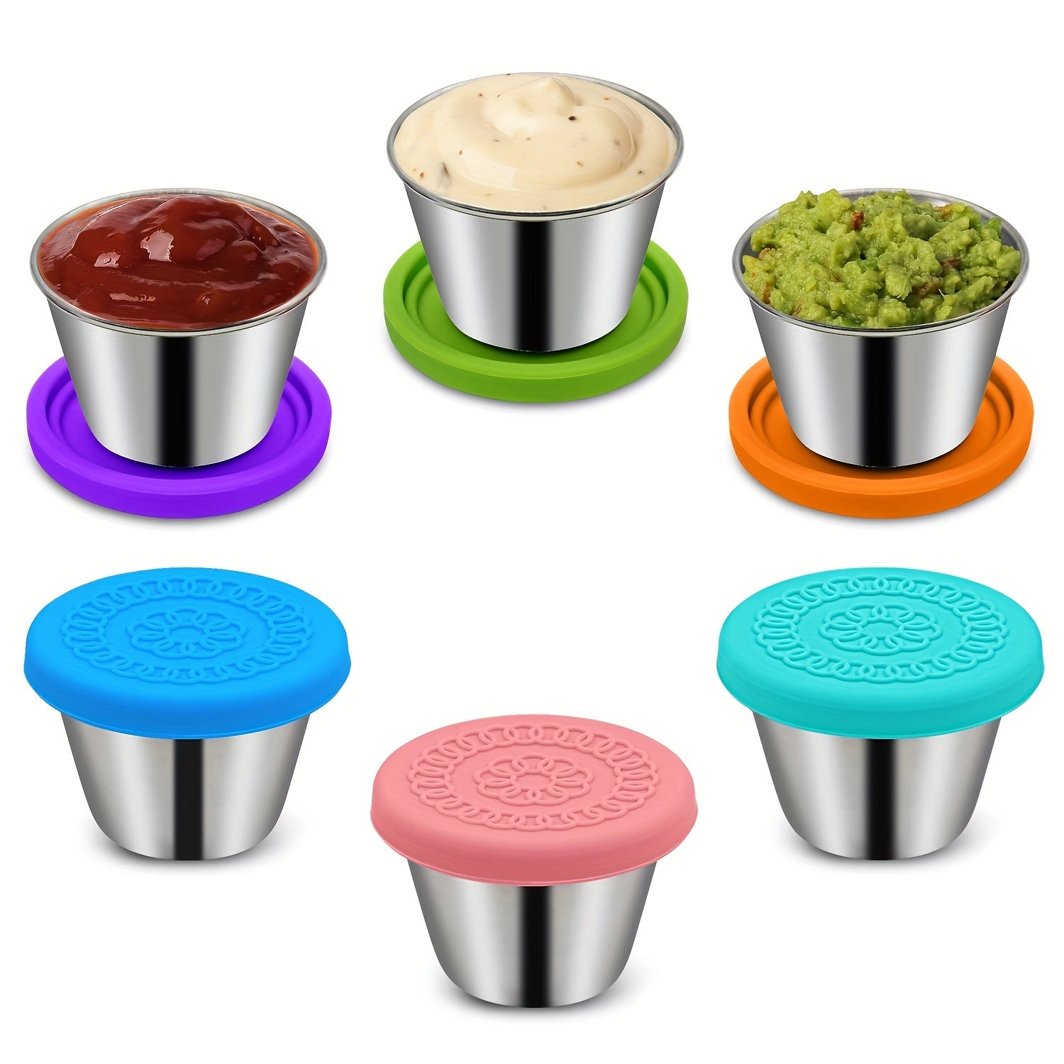 2/6pcs Stainless Steel Salad Sauce Containers, 2.4Oz Reusable Sauce Containers with Leakproof Silicone Lids, Perfect for Lunch And Dipping Sauces, Restaurant Supplies, Dinnerware for Picnic Travel