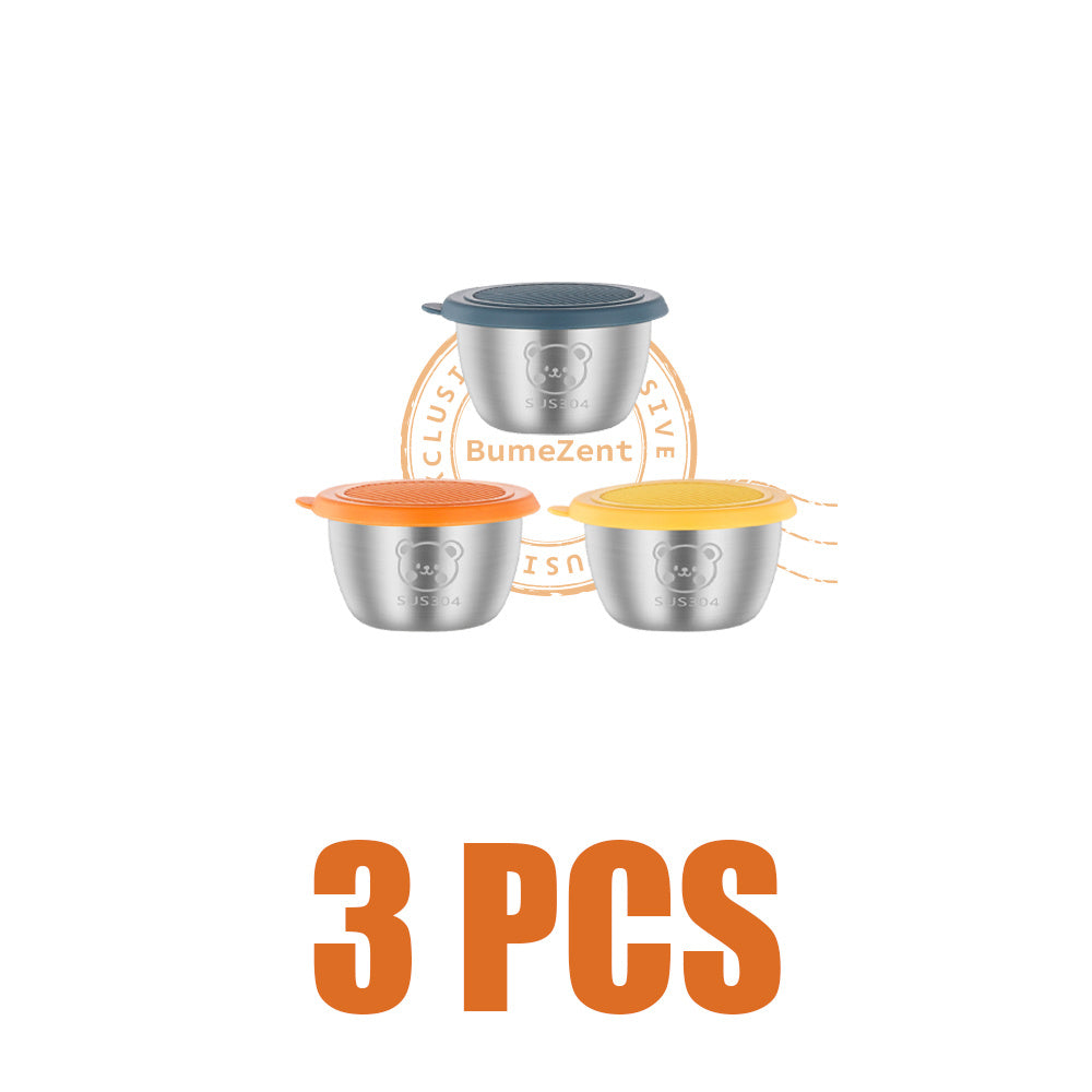 BumeZent 12/6/3pcs, Silvery 304 Stainless Steel Sauce Cup with Lid, Reusable Sauce Container with Leak Proof Plastic Lid, Seasoning Cup for Salad Dressing Container, Barbecue Sauce Seasoning Plate Set, Cheese Sauce Cup, Creative Tomato Sauce Cup